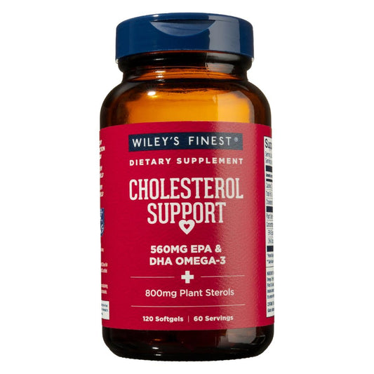 Wiley's Finest Wild Alaskan Fish Oil bottle front highlights heart health support.
