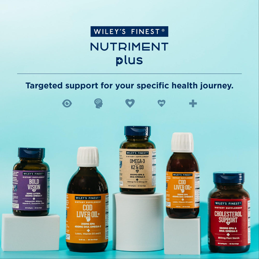 Wiley's Finest plant sterols graphic emphasizes natural cholesterol support.