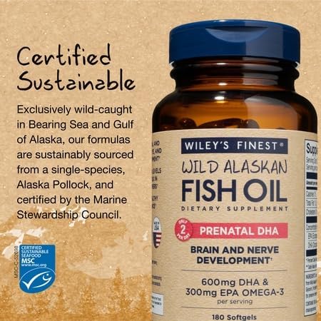 Bottle pour shot of Wiley's Finest Prenatal DHA softgels for daily use