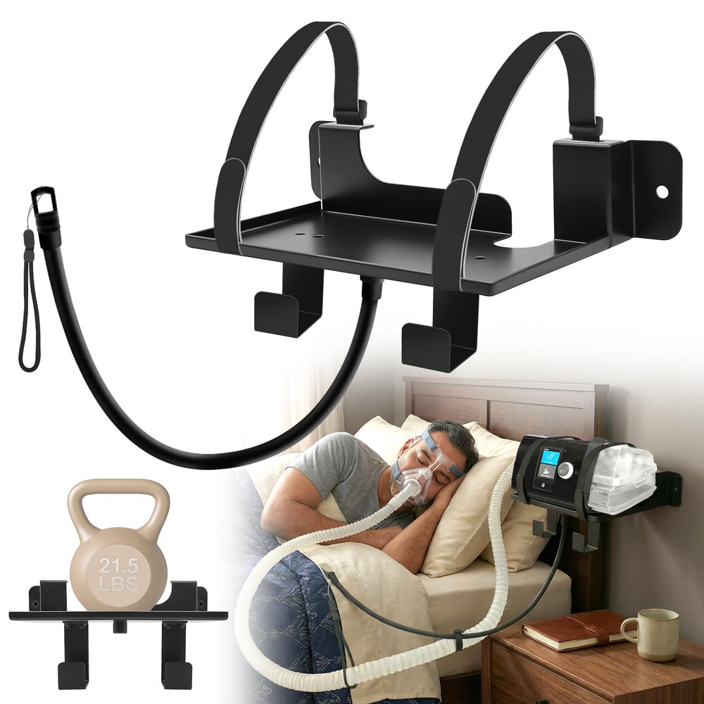 Windihoues CPAP hose hanger on a metal wall mount for tidy bedside setup