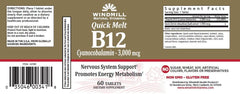 Windmill B-12 Quick Melt tablets label closeup showing ingredients and dosage