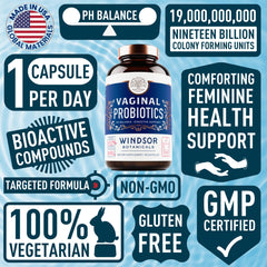 WINDSOR BOTANICALS 15-strain probiotic label shows diverse flora support.