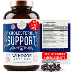 Windsor Botanicals cholesterol supplement bottle front, vegan capsules for heart health support