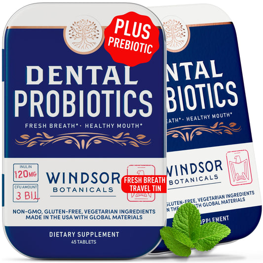 Windsor Botanicals dental probiotics travel tin promotes fresh breath on the go