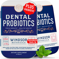 Windsor Botanicals dental probiotics travel tin promotes fresh breath on the go