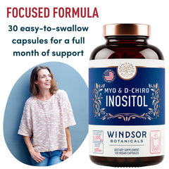 WINDSOR BOTANICALS Myo-Inositol & D-Chiro Inositol capsules closeup may support cycle regularity.