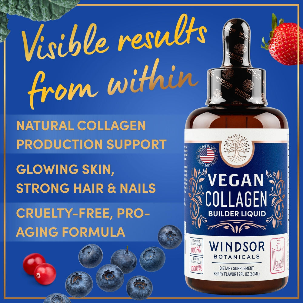 WINDSOR BOTANICALS vitamin C and hyaluronic acid ingredients in glass, ready for daily collagen boost