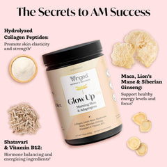 Glow Up AM beverage-mix blends smoothly into a drink for skin support