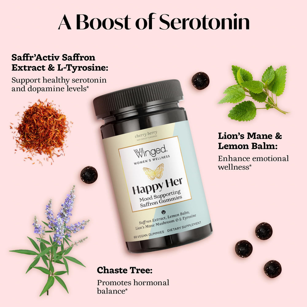 Winged Wellness Happy Her ingredients featuring saffron and lemon balm for balance