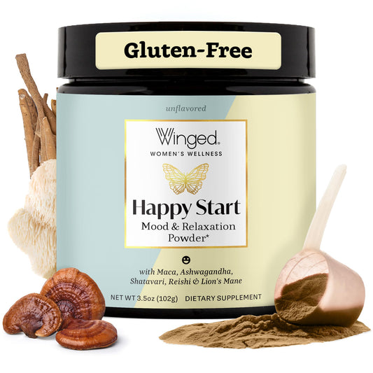 Winged Wellness Happy Start powder in tin ready to mix for mood support