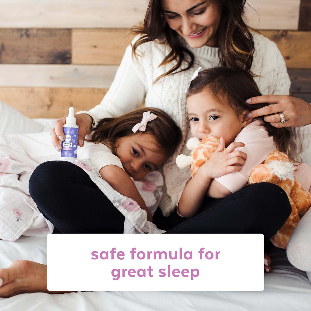 Wink Naturals WinkWell Kids Melatonin bedtime scene with a sleeping child