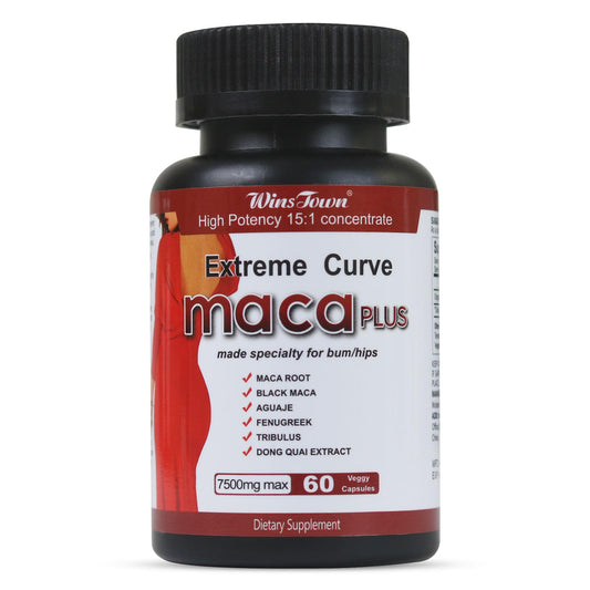 Wins Town Maca Plus capsules bottle on shelf for convenient daily vitality.