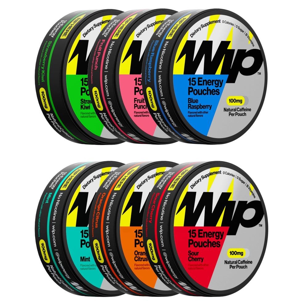 Wip Energy Pouches variety pack front view showing six flavors for on-the-go energy.