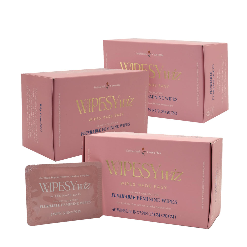 WIPESYwiz flushable feminine wipes on front pack for on-the-go freshness.