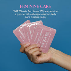 WIPESYwiz outer-pack shot highlights portable feminine hygiene solution.