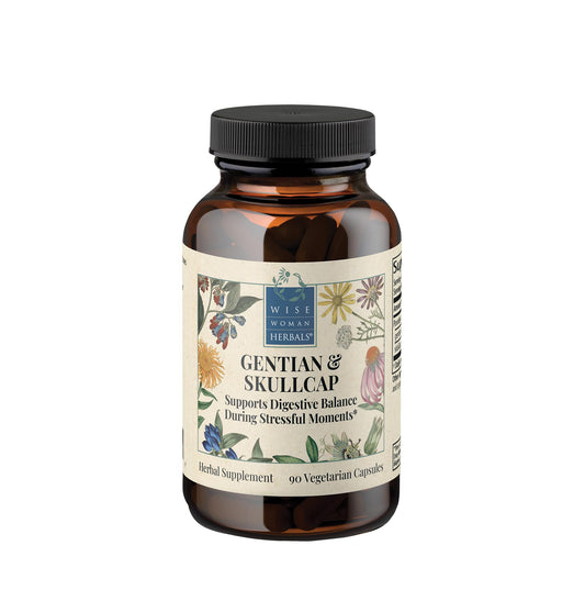 Wise Woman Herbals Gentian & Skullcap digestion bottle showcases soothing capsules for GI comfort.