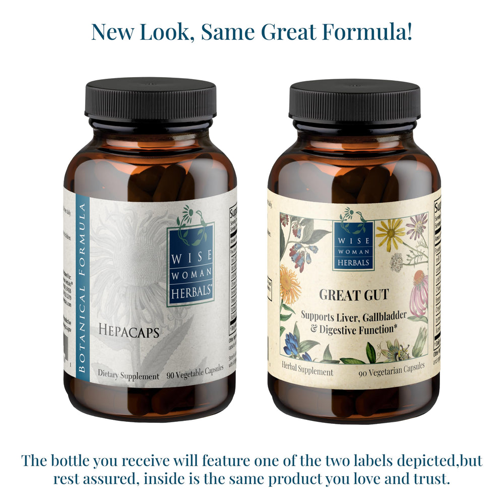 Wise Woman Herbals Great Gut packaging on shelf signals artisanal processing