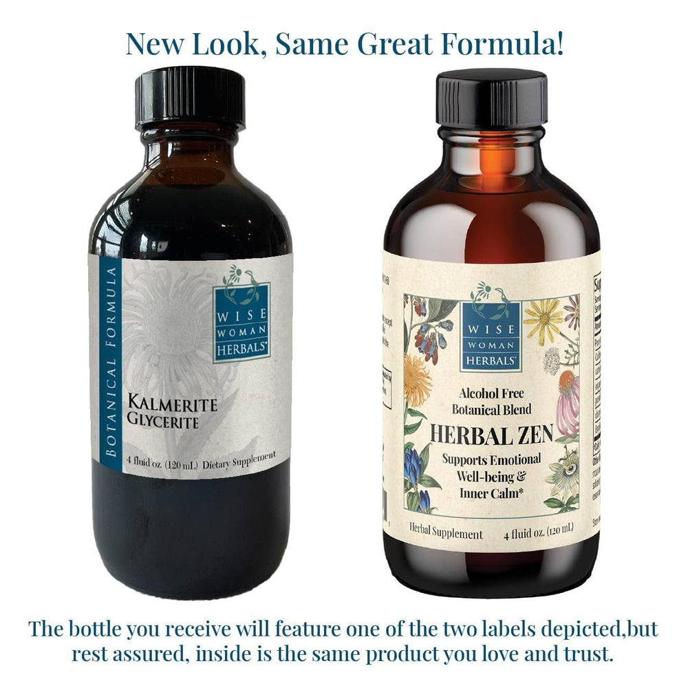 Herbal Zen bottle label close-up highlights natural ingredients and an alcohol-free formula.