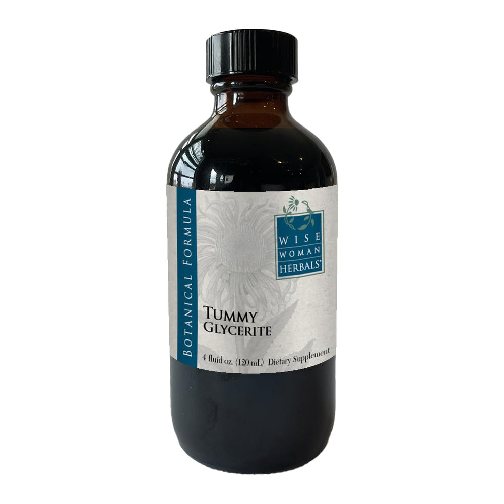 Wise Woman Herbals Tummy Glycerite bottle label highlights natural ingredients for digestive comfort
