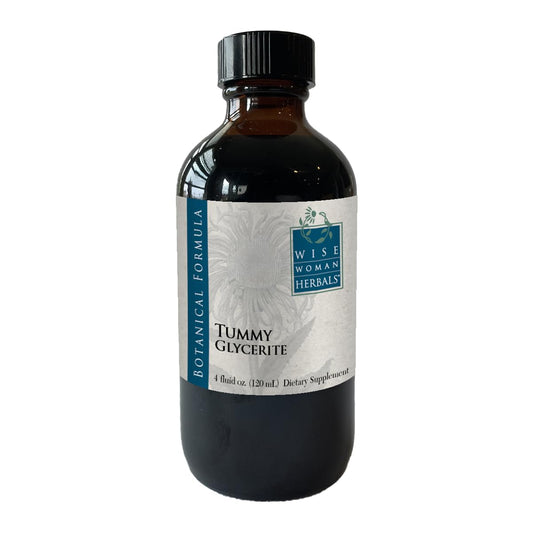 Wise Woman Herbals Tummy Glycerite bottle label highlights natural ingredients for digestive comfort