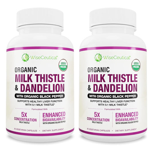 Wiseceutical max absorption bottle shows 5:1 organic milk thistle extract potency.