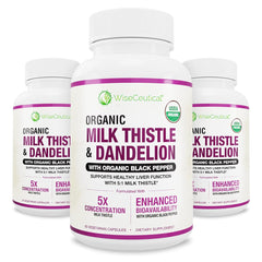 Wiseceutical milk thistle bottle highlighting 5:1 extract for daily liver support.