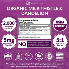 Wiseceutical organic milk thistle and dandelion label highlights triple action.