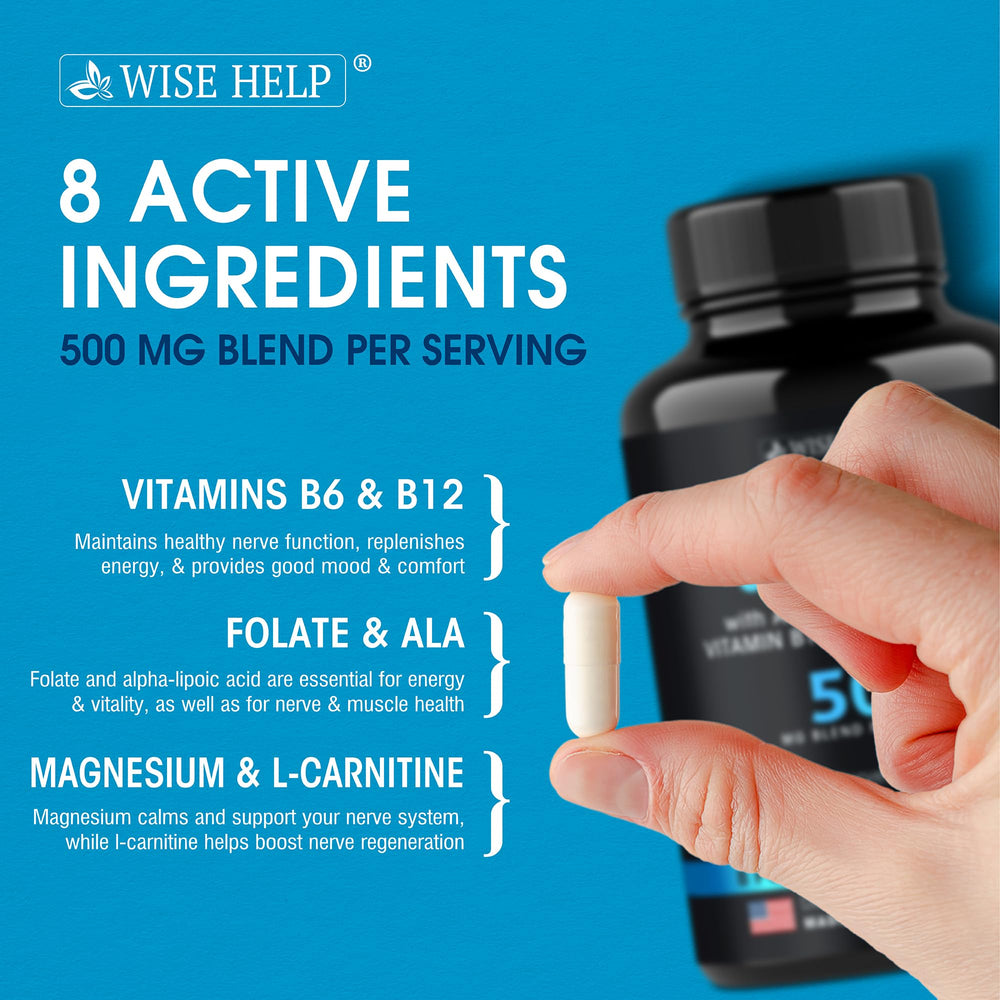 Wisehelp Neuropathy Support hand with capsule illustrating easy supplementation.