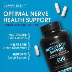 Wisehelp Neuropathy Support label detail showing USA-made quality and ingredients.