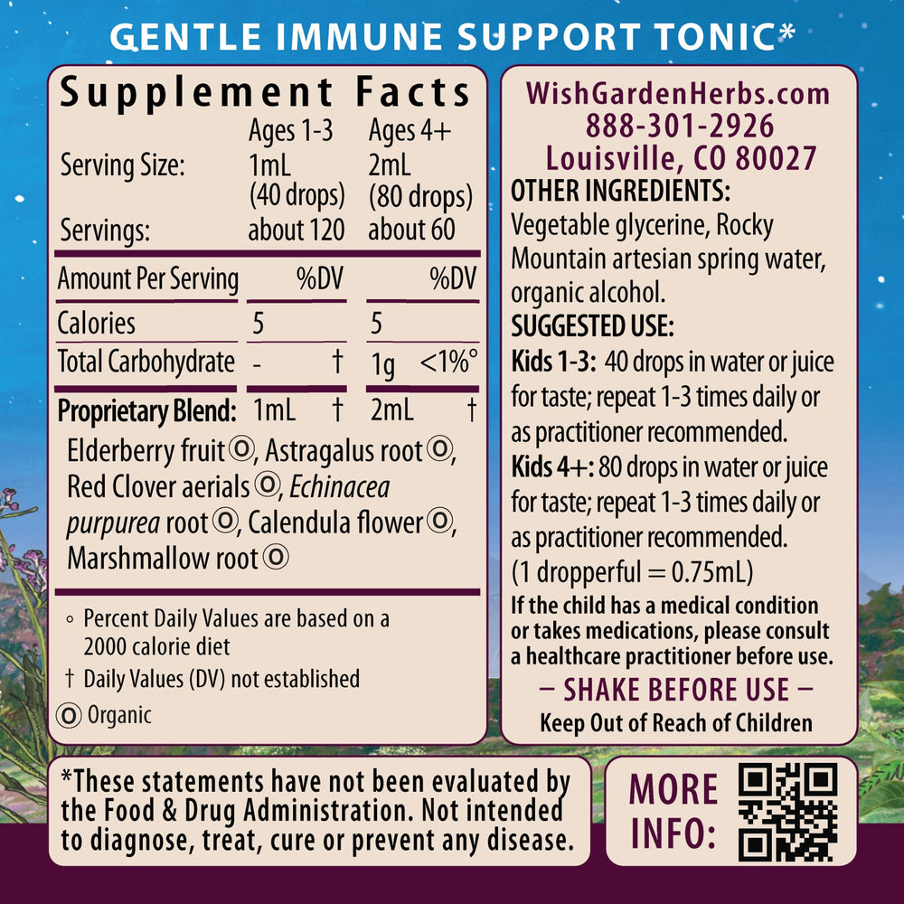 WishGarden Daily Immune for Kids label close-up featuring elderberry and echinacea.
