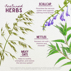 WishGarden Growing Pains bottle closeup emphasizes gluten-free, non-GMO herbs.