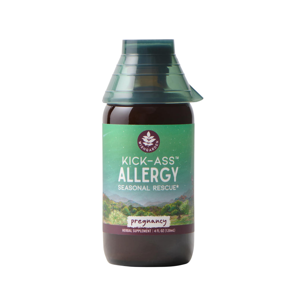 WishGarden Kick-Ass Allergy for Pregnancy bottle with plant-based formula for seasonal irritants.