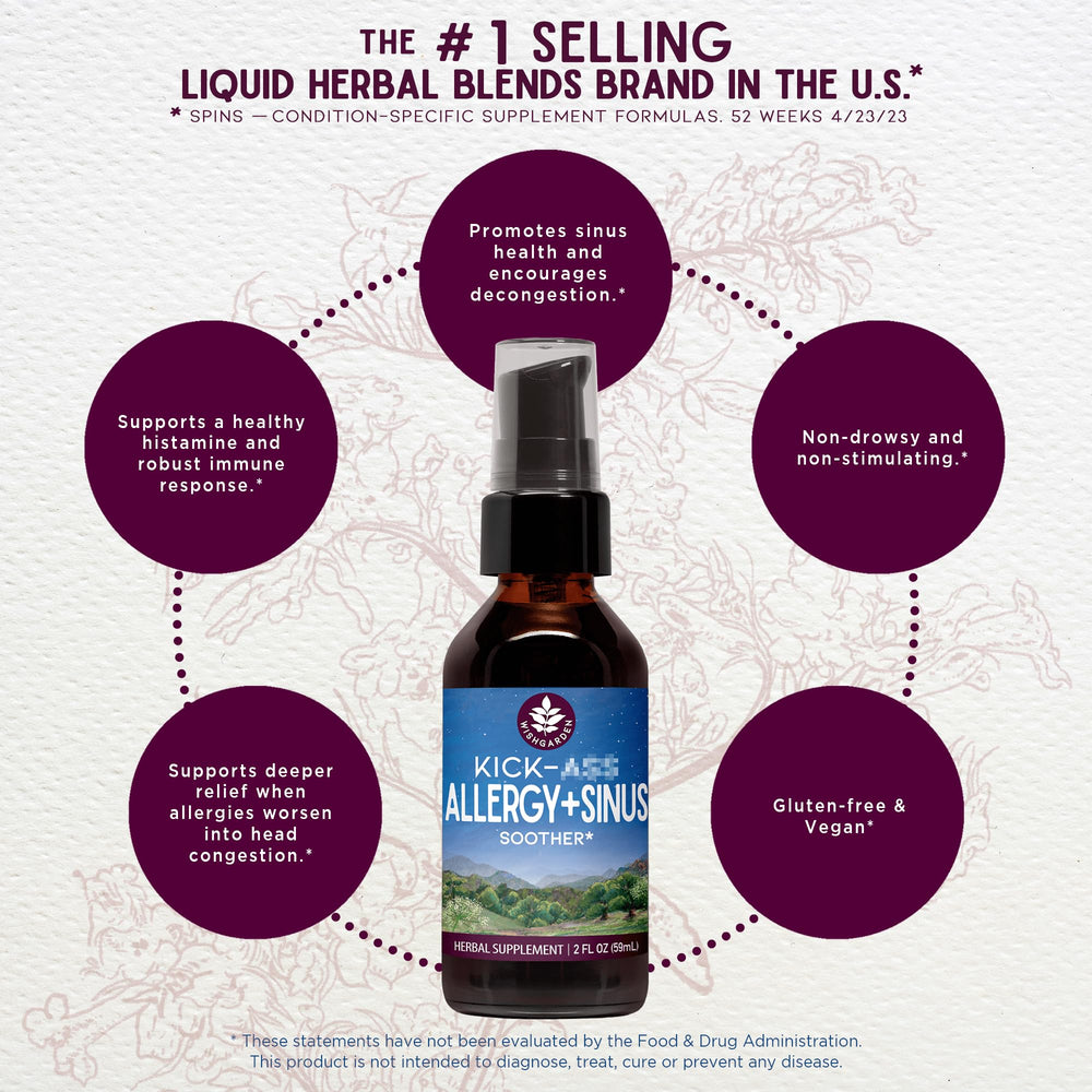 WishGarden Kick-Ass Allergy & Sinus herbal blend ingredients such as Yerba Santa and Echinacea.