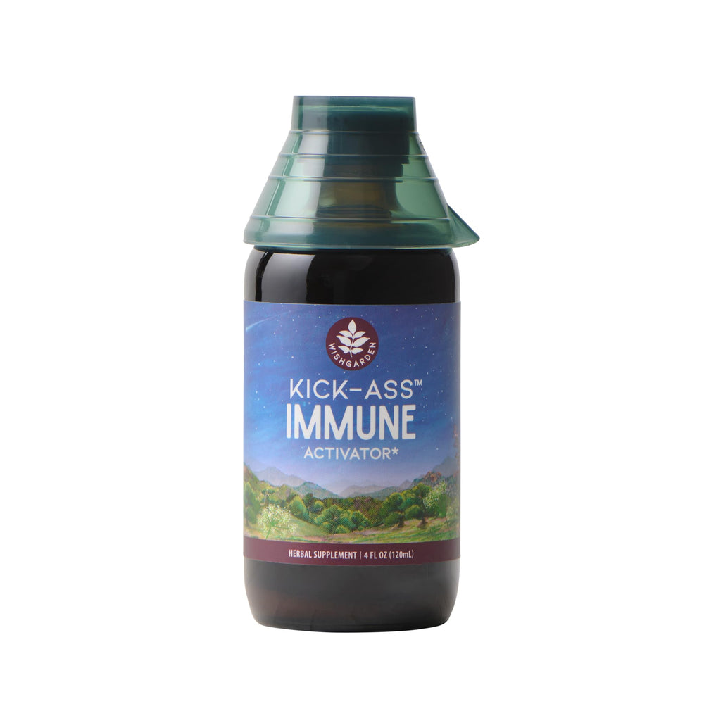 WishGarden Kick-Ass Immune Activator bottle with dropper for plant-based support.