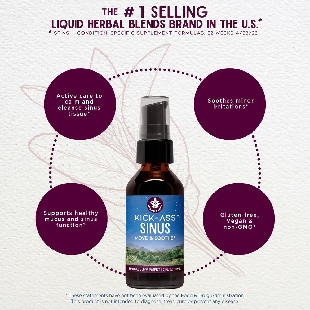 WishGarden Kick-Ass Sinus label close-up reveals organic, wild-harvested ingredients for upper respiratory support.