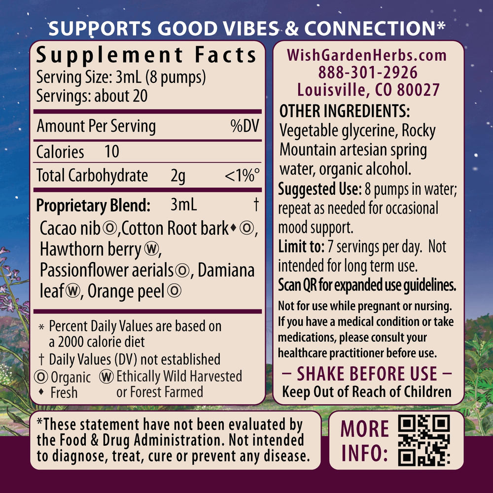 WishGarden Liquid Bliss label closeup highlights organic ingredients.