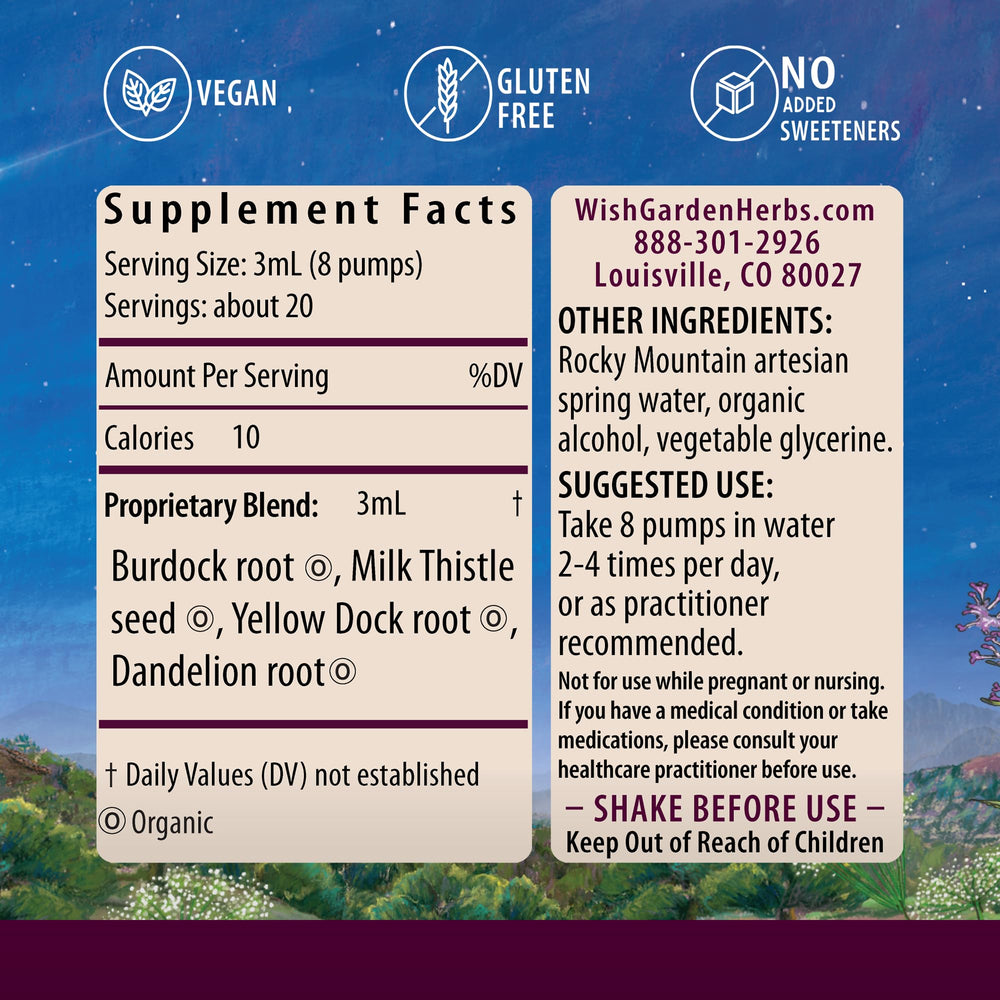 WishGarden Liver Strength Tonic bottle back with organic herb blend details