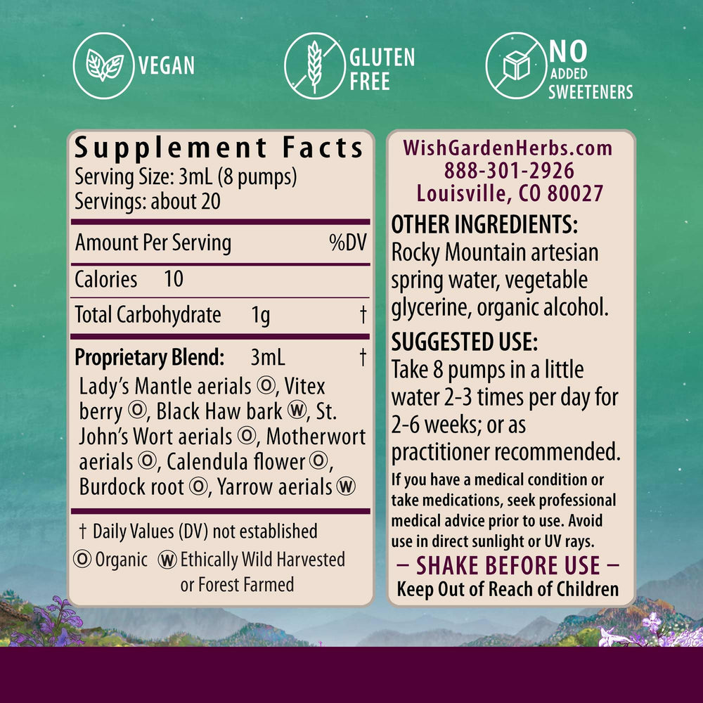 WishGarden ReBalance postpartum herbs image highlights tincture for daily vitality.