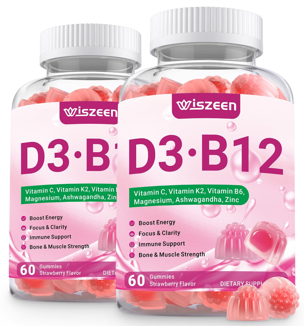 Wiszeen Vitamin D3 B12 Gummies bottle on a counter for daily energy support