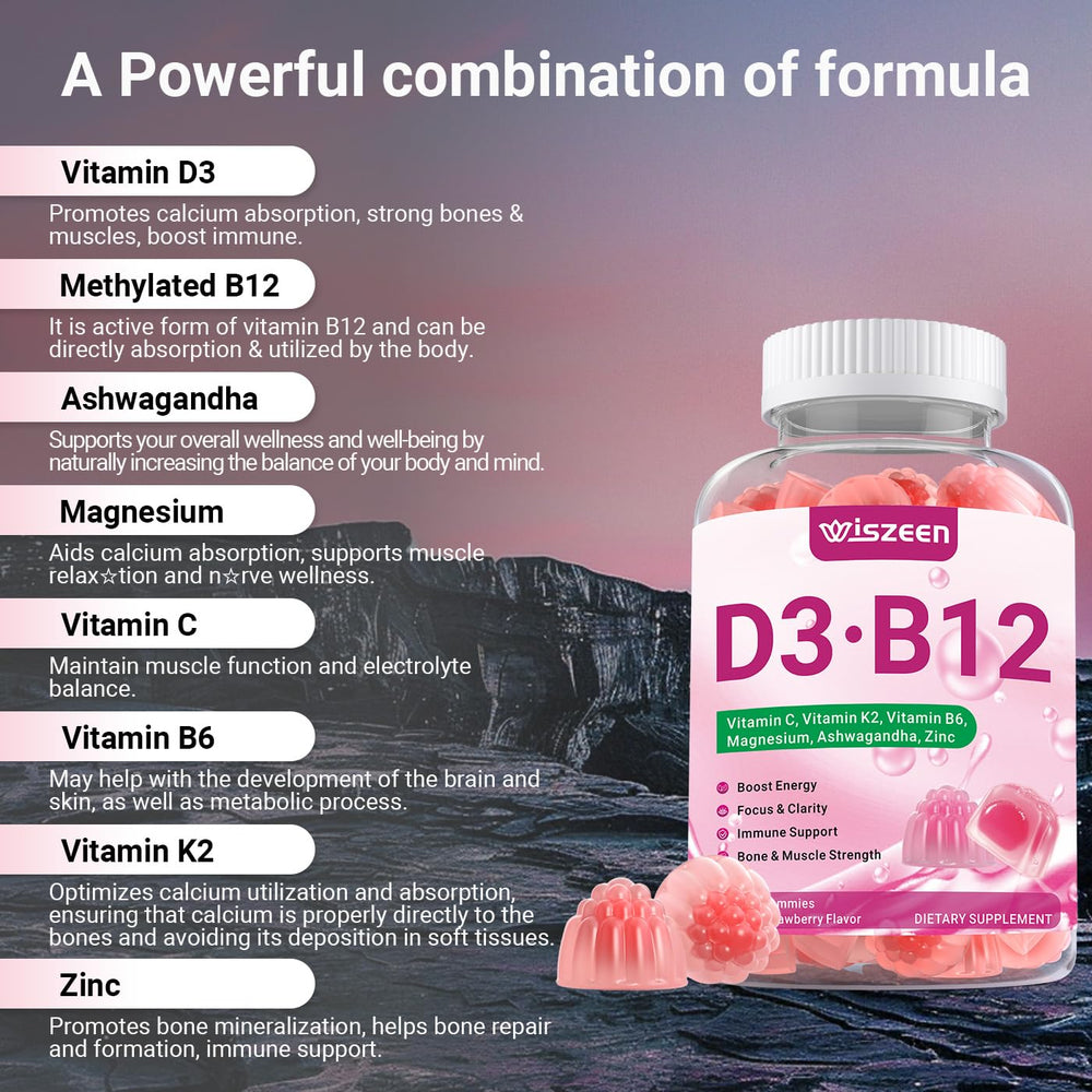 Wiszeen Vitamin D3 B12 gummies ingredients card highlights ashwagandha and zinc