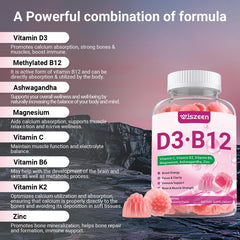 Wiszeen Vitamin D3 B12 gummies ingredients card highlights ashwagandha and zinc