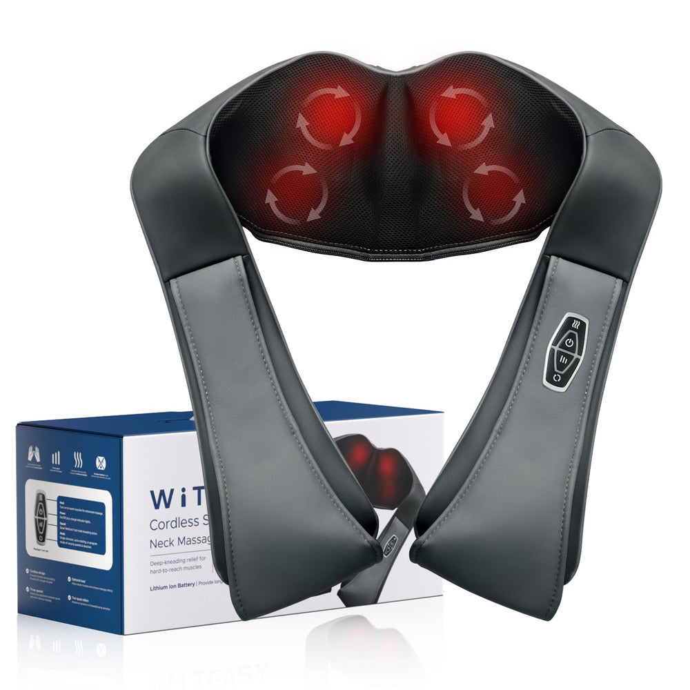 Witeasy neck massager with 8-node deep kneading for sore shoulders.