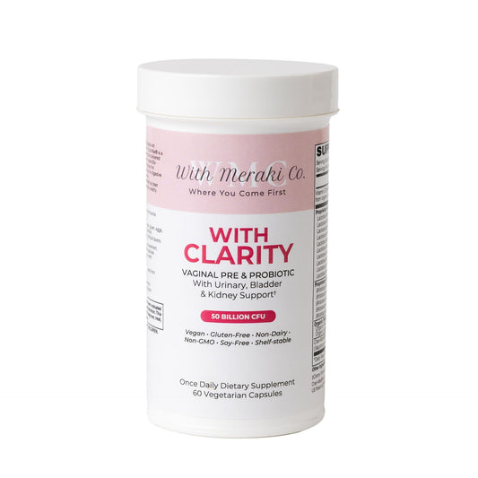 With Meraki Co. Clarity pre/probiotic bottle view, supporting balanced vaginal and urinary wellness.