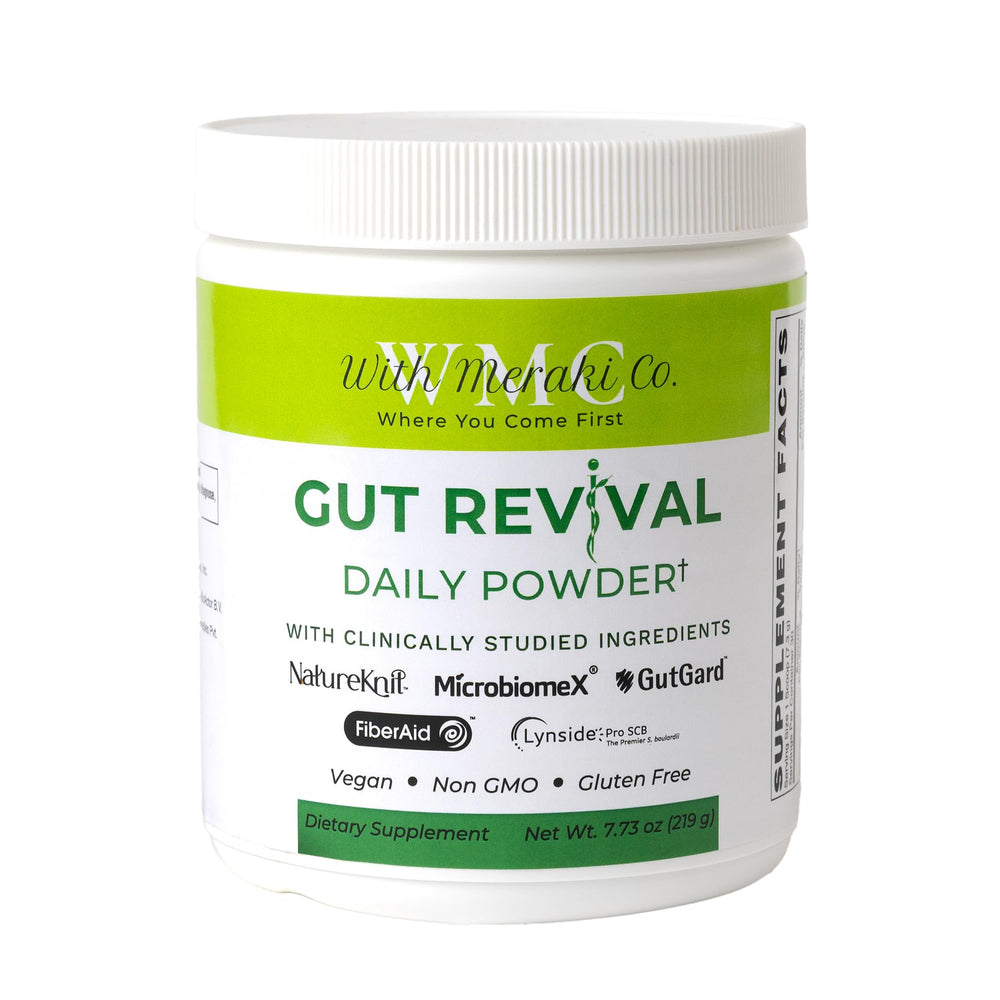 With Meraki Co. Gut Revival bottle close-up highlighting the gut health support formula.