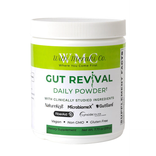 With Meraki Co. Gut Revival bottle close-up highlighting the gut health support formula.