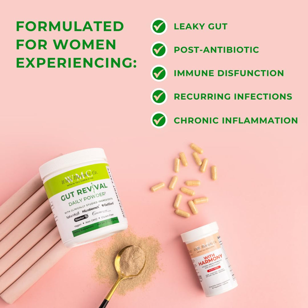 With Meraki Co. Gut Revival bottle with natural botanicals like ginger and marshmallow for digestive comfort.