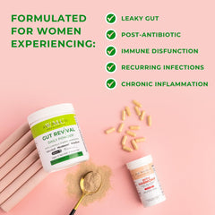 With Meraki Co. Gut Revival bottle with natural botanicals like ginger and marshmallow for digestive comfort.