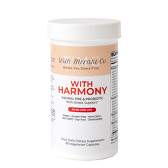 With Meraki Co Harmony probiotic bottle close-up for daily vaginal support