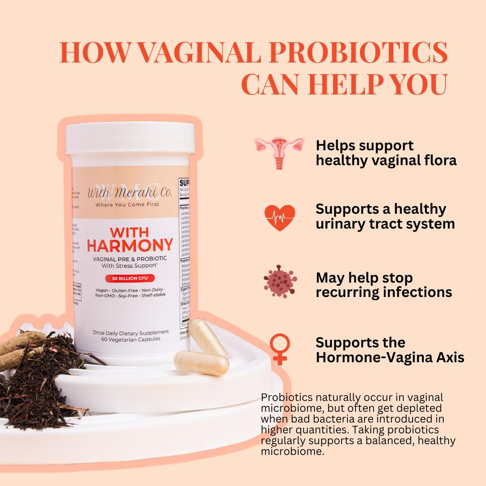 With Meraki Co Harmony probiotic bottle poured into glass for daily routine