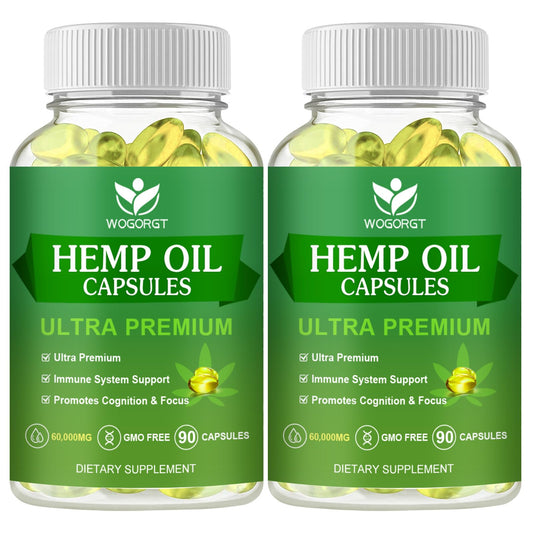 WOGORGT hemp oil capsules bottle, easy daily supplement for focus and immune support.